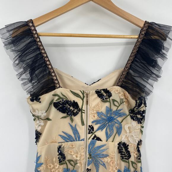 Lulus Show Stopper Midi Dress Floral Embroidered Beaded Bodycon Pencil Cream XS - Picture 6 of 9